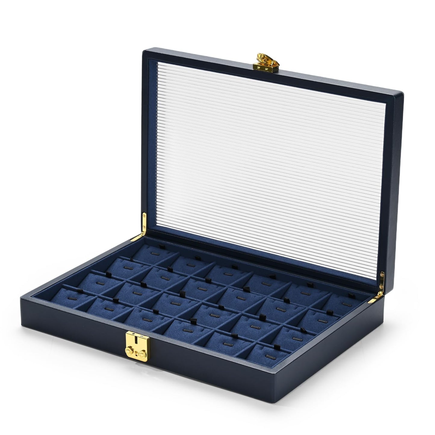 Oirlv Blue Leather Jewelry Organizer Jewelry Tray with Lid Jewelry Organizers and Storage for Drawers Stackable Jewelry Trays Necklace Organizer Hoder for Women Jewelry Organizer with Lock (24 Grid)