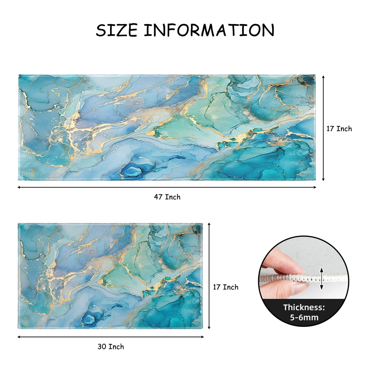 Teal Kitchen Rugs Sets of 2 Non Slip Blue Gold Turquoise Marble Kitchen Mats for Floor with Rubber Backing Washable Kitchen Runner Rug Carpet 17"x47"+17"x30" for Hallway Laundry