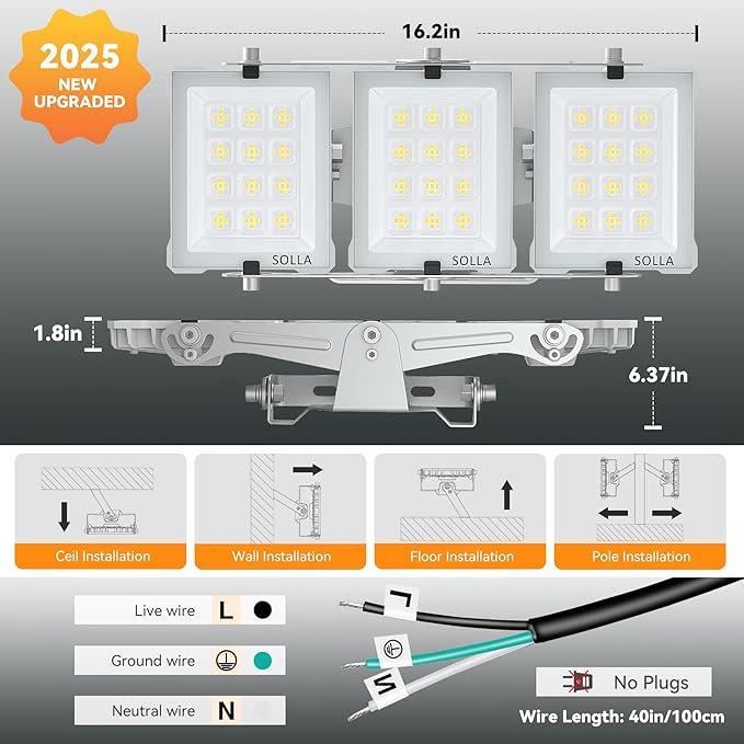 150W 2025 Plus New Upgraded LED Flood Light Outdoor, 15000LM Super Bright Stadium Lights, 6000K Daylight White, IP66 Waterproof, 3 Heads Adjustable Outdoor Floodlight for Yards, Arena, Garden