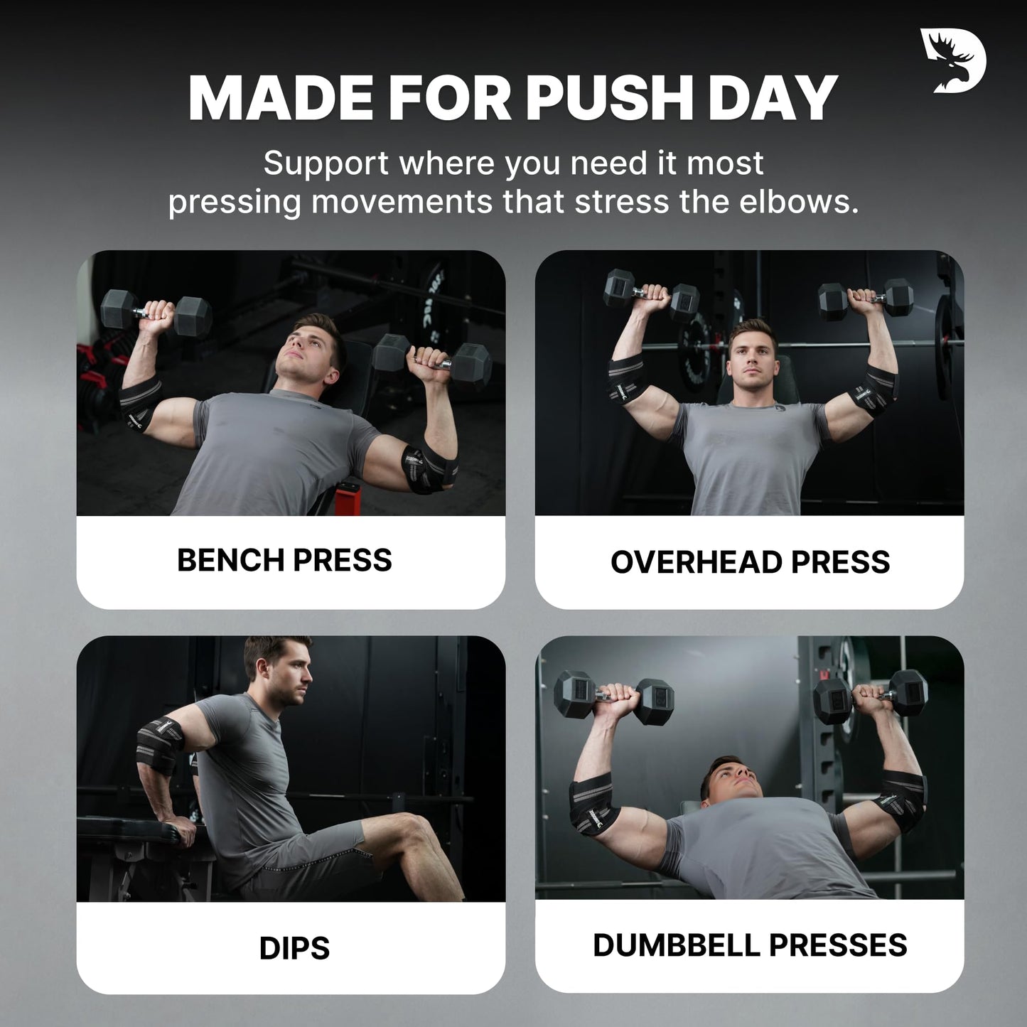 DMoose Fitness Elbow Wraps for Weightlifting (Pair) - 40'' Adjustable Elbow Strap for Gym Workout, Bench Press & Powerlifting - Compression Wraps for Tendonitis & Joint Support (Tan)