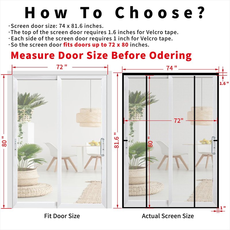 CHIYUNS Double Door Mesh Screen Magnetic Closure Heavy Duty for Sliding Door 72" x 80" Extra Long Magnet Bug Screens for French Doors, Self Closing Fiberglass Mosquito Net for Doorway, Keep Bugs Out