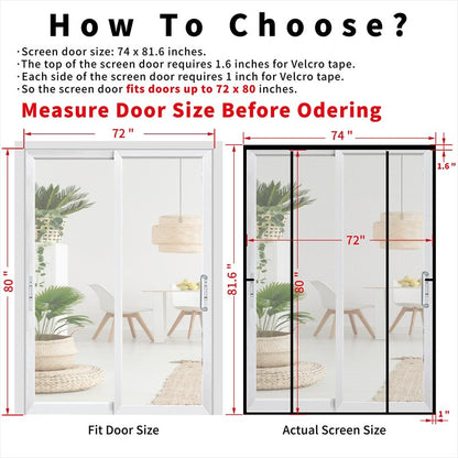 CHIYUNS Double Door Mesh Screen Magnetic Closure Heavy Duty for Sliding Door 72" x 80" Extra Long Magnet Bug Screens for French Doors, Self Closing Fiberglass Mosquito Net for Doorway, Keep Bugs Out