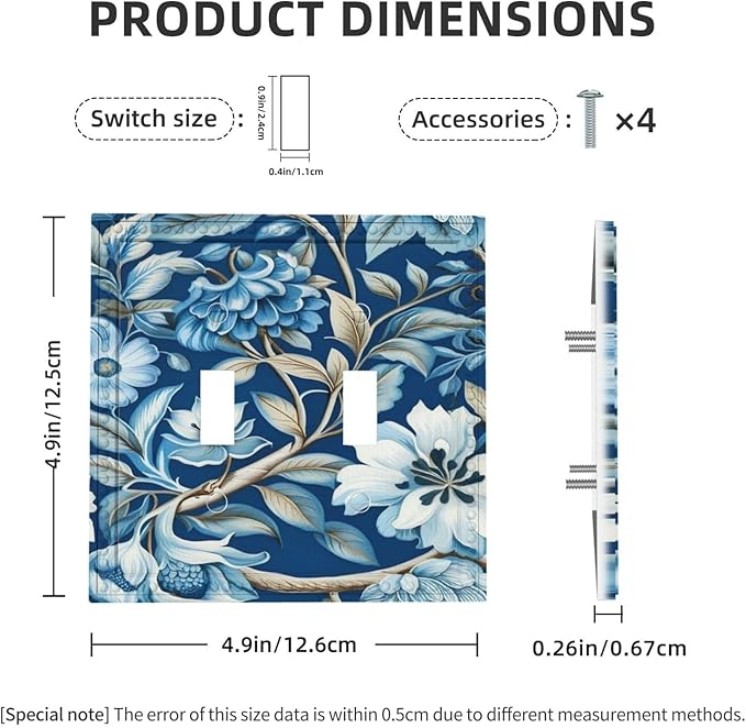 Blue Flowers Branches Leaves Floral Pattern Light Switch Covers Double Toggle 2 Gang Wall Plate Dual Decorative Switchplate Electrical Faceplate for Farmhouse Living Room Decor