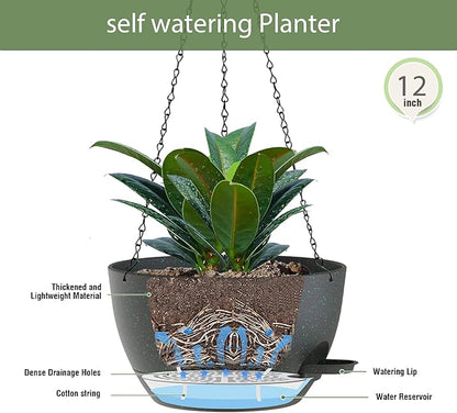 12 Inch Hanging Baskets 2 PC with Chains, Self-Watering Hanging Planters for Indoor Outdoor Plants, Plastic Hanging Flower Pots, Black with Green Speckles