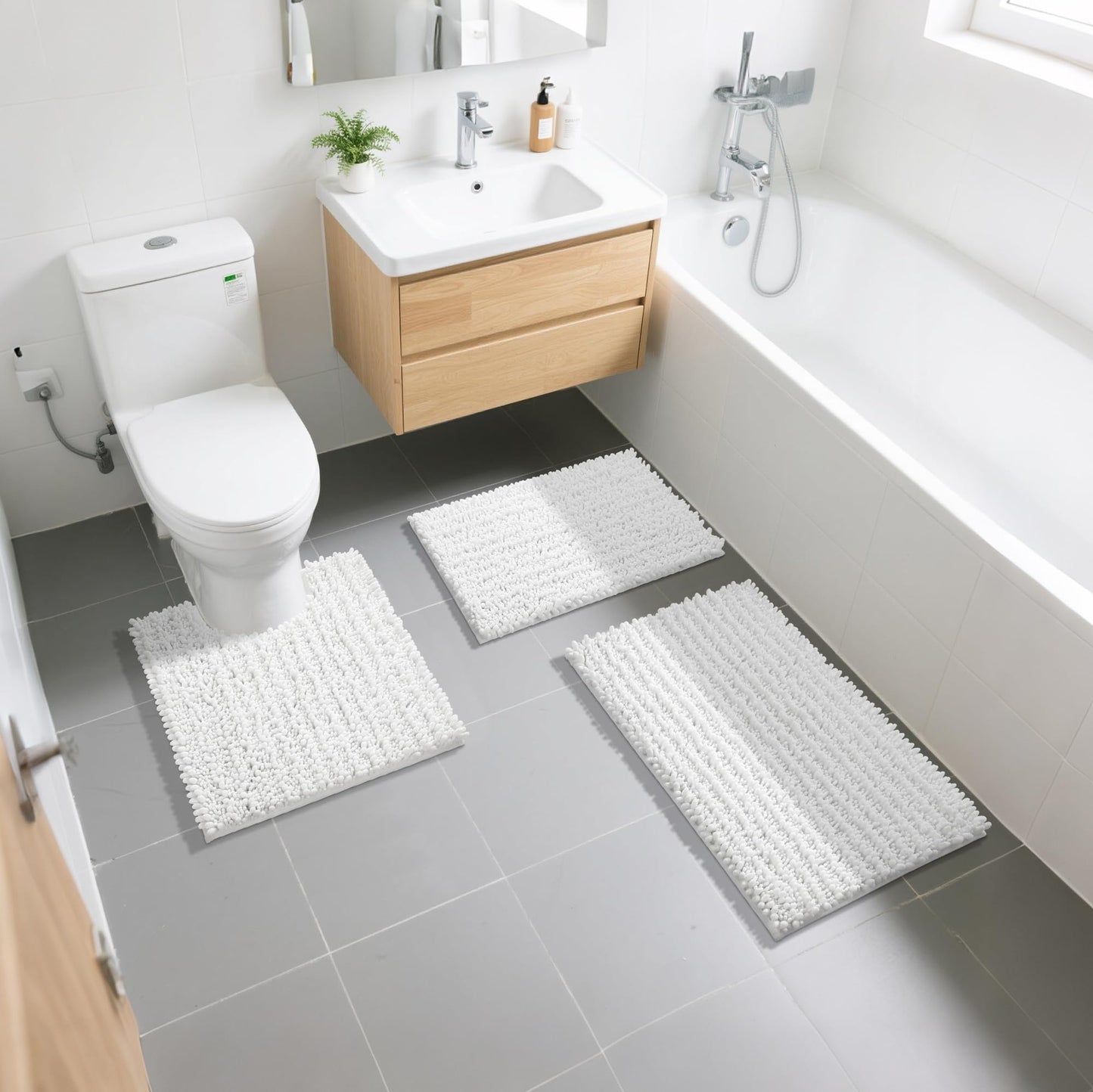 Yimobra Bathroom Rugs Sets 2 Piece - Quick Dry Extra Thick Luxury Chenille Bath Mat, Non Slip Super Absorbent for Tub Shower Sink, Machine Washable Shaggy Floor Mat, 32"x20"+24"x17" Inch, White