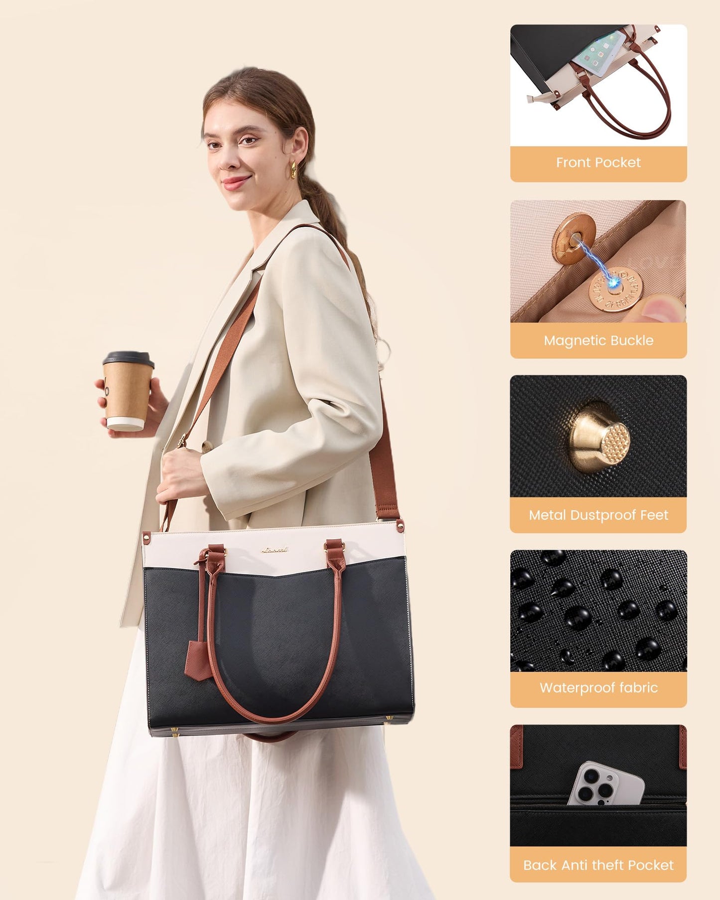 LOVEVOOK Laptop Bag for Women 15.6 inch, 2-in-1 Leather Structured Briefcase with Compartments and Clutch, Large Capacity Waterproof Multi Pocket Tote Bag, Brown