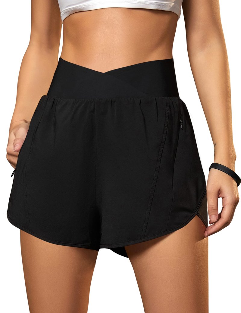 Blooming Jelly Women's Workout Shorts Athletic Running Elastic High Waisted Black Tummy Control Shorts with Zipper Pockets (Black,XX-Large)