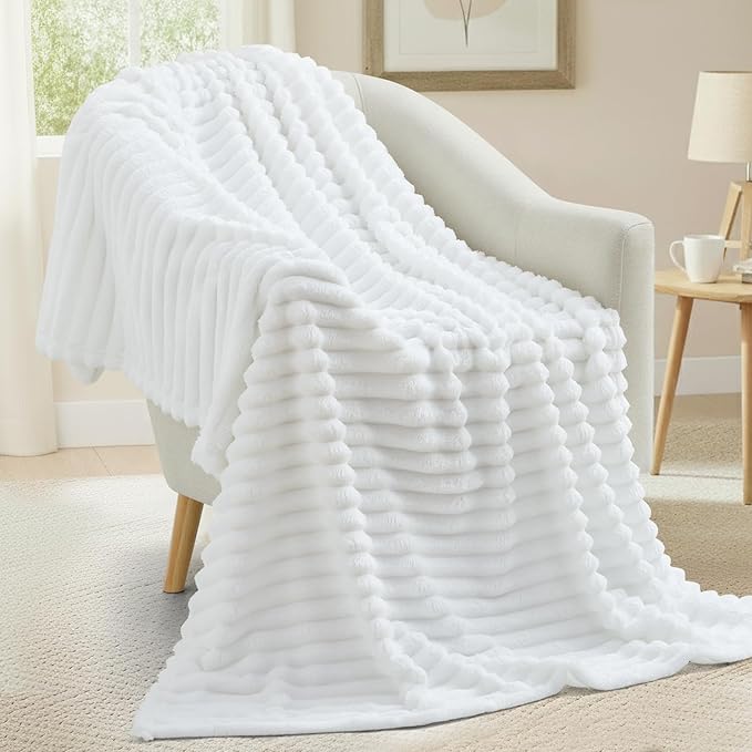 decorUhome Soft Fleece White Blanket Queen Size for Bed, Cozy Fluffy Plush Flannel Large Striped Throws for Couch Sofa, Lightweight Decorative Fuzzy Blanket for Woman, 90x90 Inches