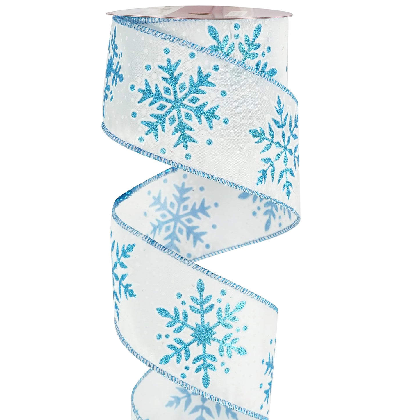 MEEDEE 2.5 Inch White Ribbon with Blue Glitter 10 Yards Wired Snowflake Ribbons Blue and White Ribbon for Christmas Tree, Winter Holiday Decor, Garlands, Wreaths, Gift Wrapping