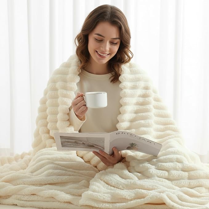 decorUhome Soft Fleece Beige Blanket King Size for Bed, Cozy Fluffy Plush Flannel Large Striped Throws for Couch Sofa, Lightweight Decorative Fuzzy Blanket for Woman, 108x90 Inches
