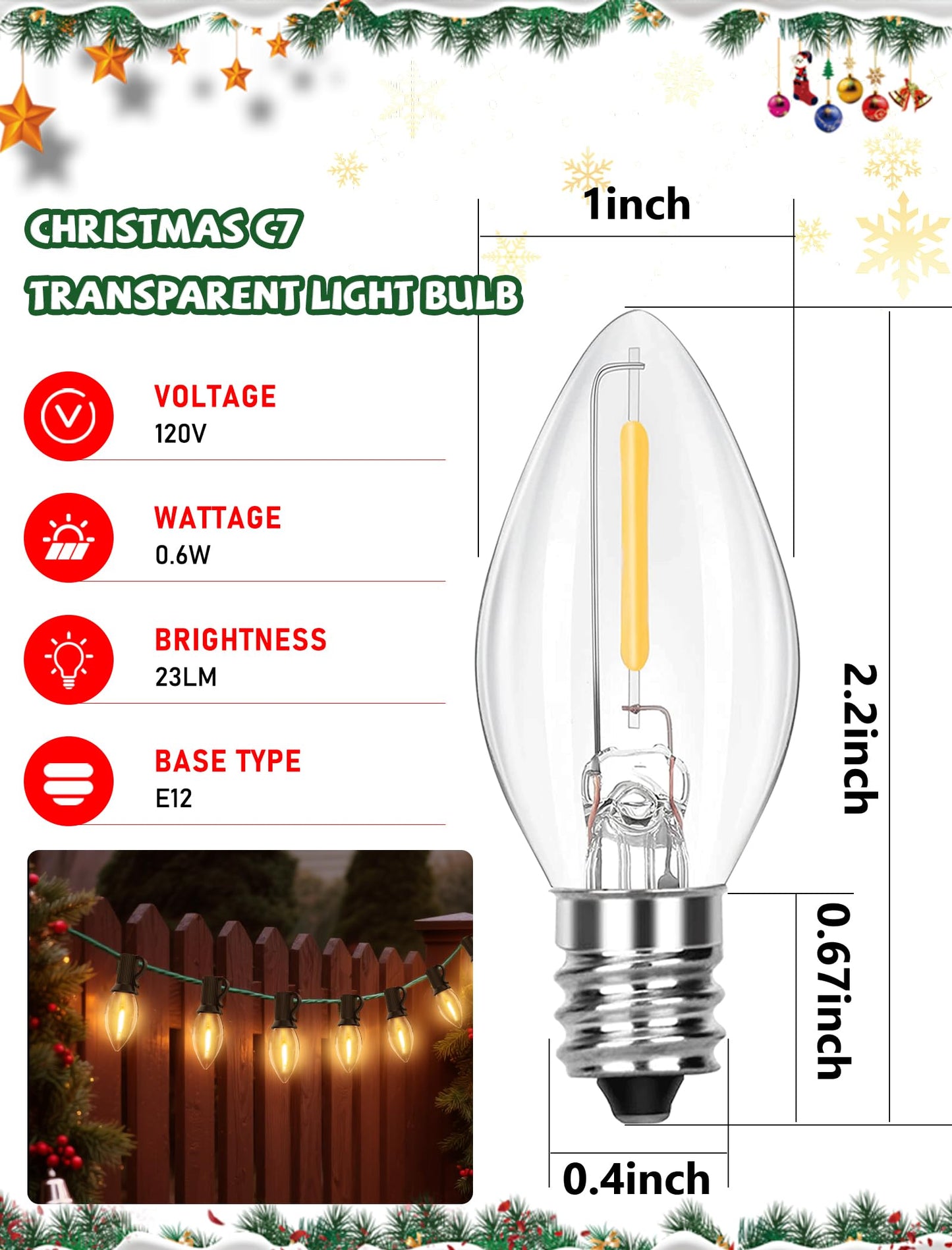 25 Pack C7 LED Warm White Christmas Light Bulbs, E12 LED Replacement Bulbs for Indoor Outdoor Christmas String Lights, 0.6W Energy Efficient Night Light Bulbs for Candle Lamps Patio Xmas Tree Decor