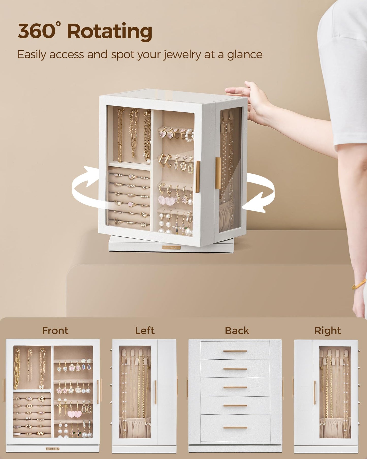 Glimmloop 360° Rotating Jewelry Box with 5 Drawers, Spacious Vertical Jewelry Organizer with Glass Window, Jewelry Storage Case, Dustproof & Moisture-resistant Design, White