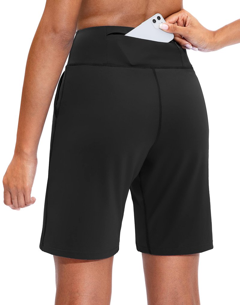 SANTINY Bermuda Shorts for Women with Zipper Pocket Womens High Waisted Long Shorts for Running Workout Athletic(Black_XL)