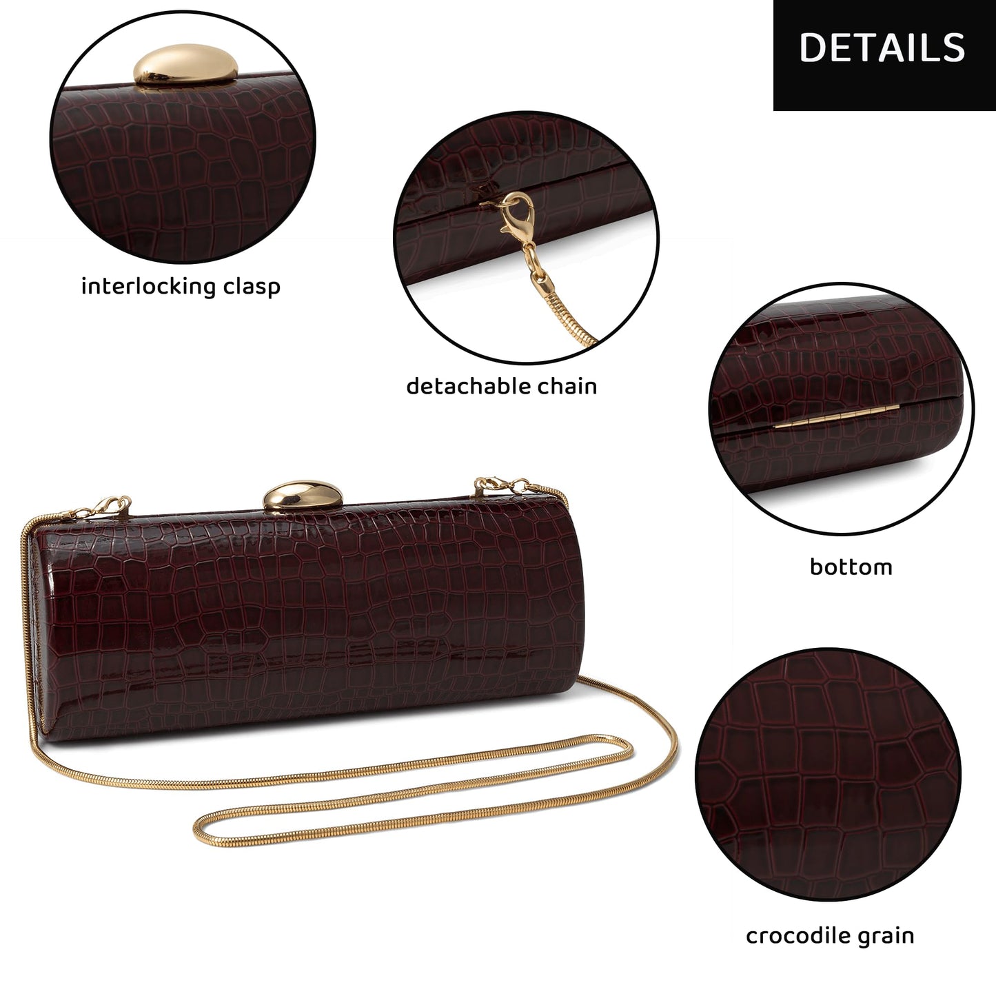 Buric Vegan PU Leather Evening Clutch Purses Crocodile Pattern Handbags Formal Envelope Shoulder Bags for Party Wedding Prom Brida Wine Red