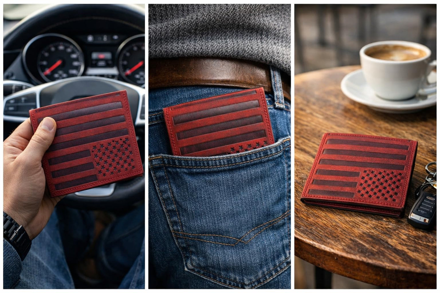 ASAD Genuine Leather Wallet for Men & Women | Compact & Spacious with 18 Card Slots, Expandable Currency Compartment & ID Window | Double-Stitched, RFID Blocking | Bordo Crazy Horse American Flag