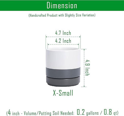 D'vine Dev 4.7 Inch Ceramic Planter Pot with Drainage Hole and Saucer, Indoor Cylinder Round Planter Pot, White/Speckled Grey, 94-O-B-6