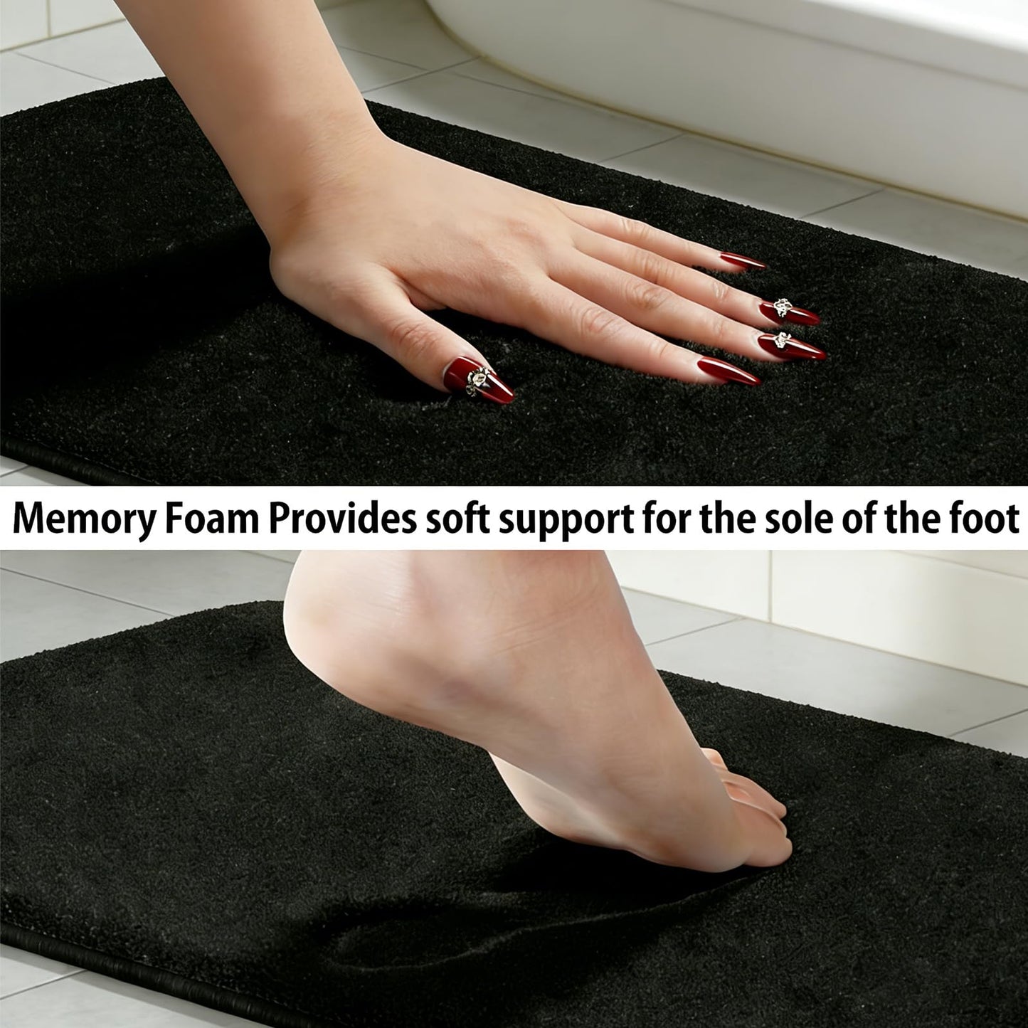 Black Bathroom Rug Set Memory Foam Bath Mats 3 Piece with Toilet Mats, Soft & Supportive, Shock Absorbing, Water Absorbent, Non-Slip Bath Rugs, Machine Washable, Area Rug, Home Decor Accessories