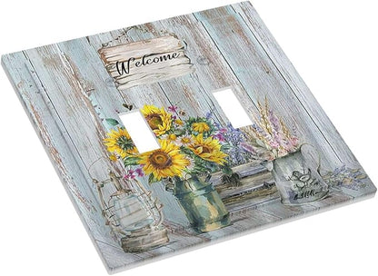 Sunflower Vintage Barn Wooden 2 Gang Light Switch Plate Cover Sun floral Double Toggle Wall Plate Decorative Switchplate Electrical Faceplate Farmhouse Home Livingroom Decor