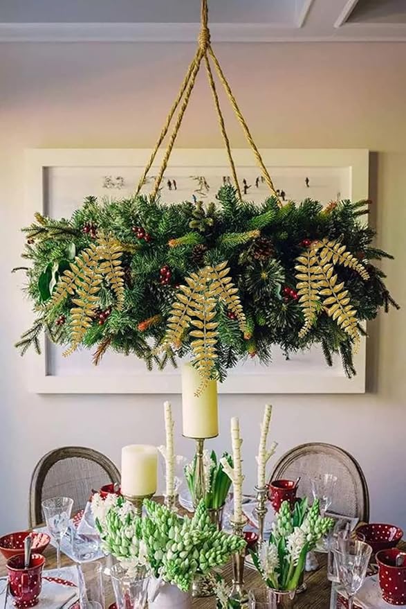DILATATA 6Pcs Christmas Glitter Leaves Boston Fern Leaves 25" Artificial Gold Fern Leaf Picks Sprays Giltter Stems for Christmas Tree DIY Xmas Wreath Garland Home Decor - Gold