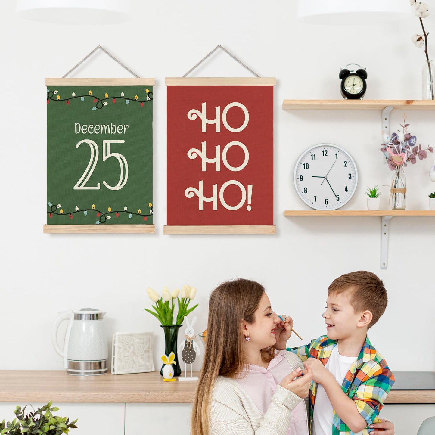 LUVADIAN Christmas Wall Decor, Hohoho Christmas Lights Wall Art With Wooden Poster Hanger, Christmas Wall Decoration, Red and Green Christmas Wall Decor for Home Office, 12x16 Inch Set of 2