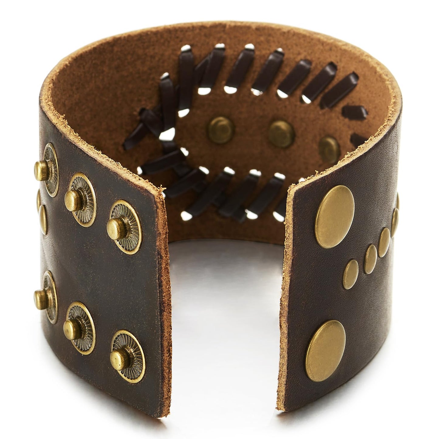 COOLSTEELANDBEYOND Men’s Brown Leather Skull Cuff Bracelet, Wide Adjustable Wristband with Vintage Punk Detail, Biker Fashion Jewelry Gift for Him