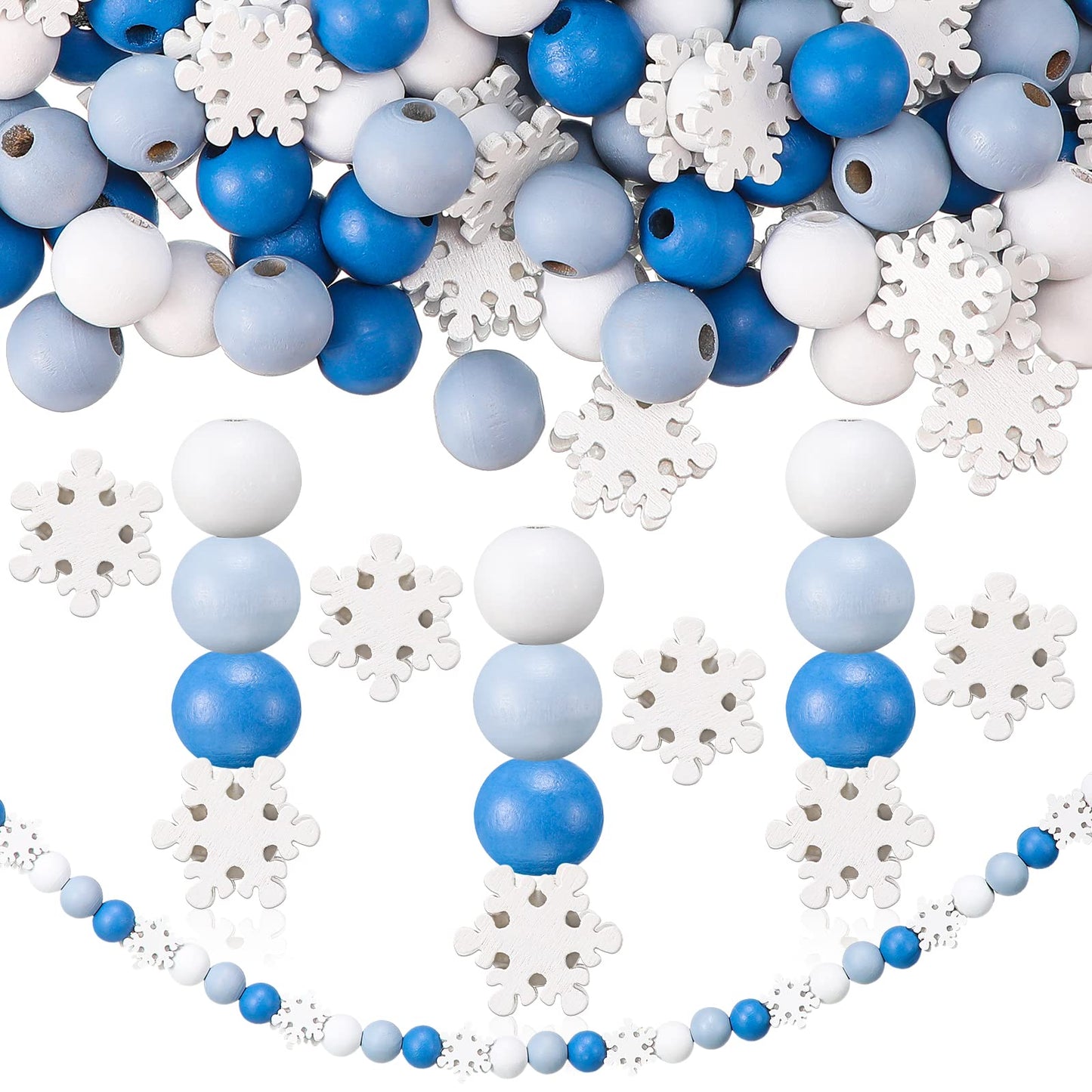Landhoow 220 Pcs 0.6 Inch Christmas Wooden Beads Winter Snowflakes Craft Beads Blue Natural Wood Round Beads with 65.6 Feet Twine for DIY Making Necklace Bracelet Garland Home Xmas Decor