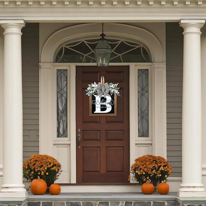 Ultra Large 14'' Last Name All Year Round Front Door Wreath with 26 Initial Letter Welcome Sign All Seasons Eucalyptus Garland and Bow Wreaths for Front Door Porch Farmhouse Decoration (B)