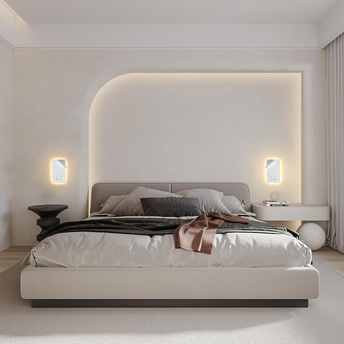 Dimmable Wall Mounted Reading Light for Bed, LED Wall Lamps with USB C+A Ports, Hardwire & Plug in 2 in 1 Wall Sconces with Switch, Eye-Caring Bed Side Lamp with 9W+3W Backlight 3000K (2 Pack)