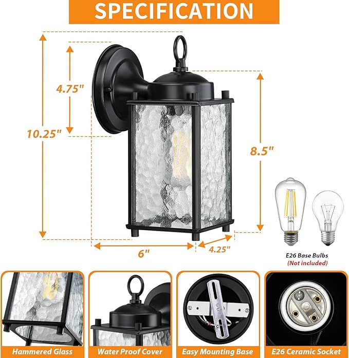 Outdoor Wall Light Fixture, Exterior Wall Sconce, Black Outdoor Porch Light with Hammered Glass, Waterproof Anti-Rust, for Garage, Front Door, Entryway, 2 Pack