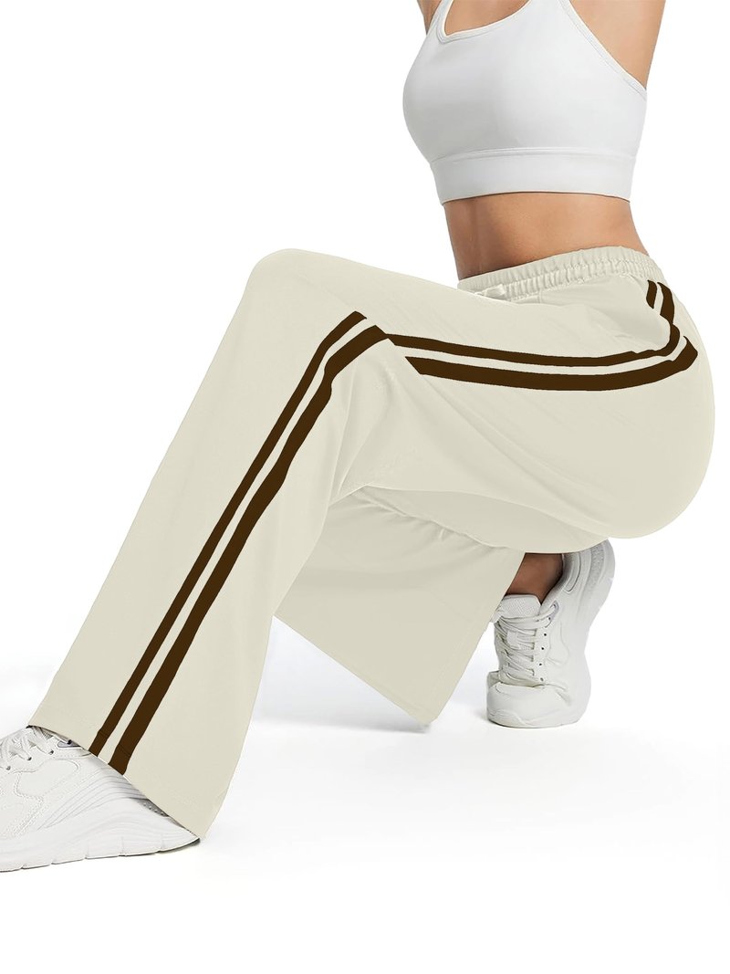 Tapata Petite Women's 28" Inseam Casual Pants Track Athletic Sweatpants Warm Up Loose Side Stripe Street Slacks, Beige, L