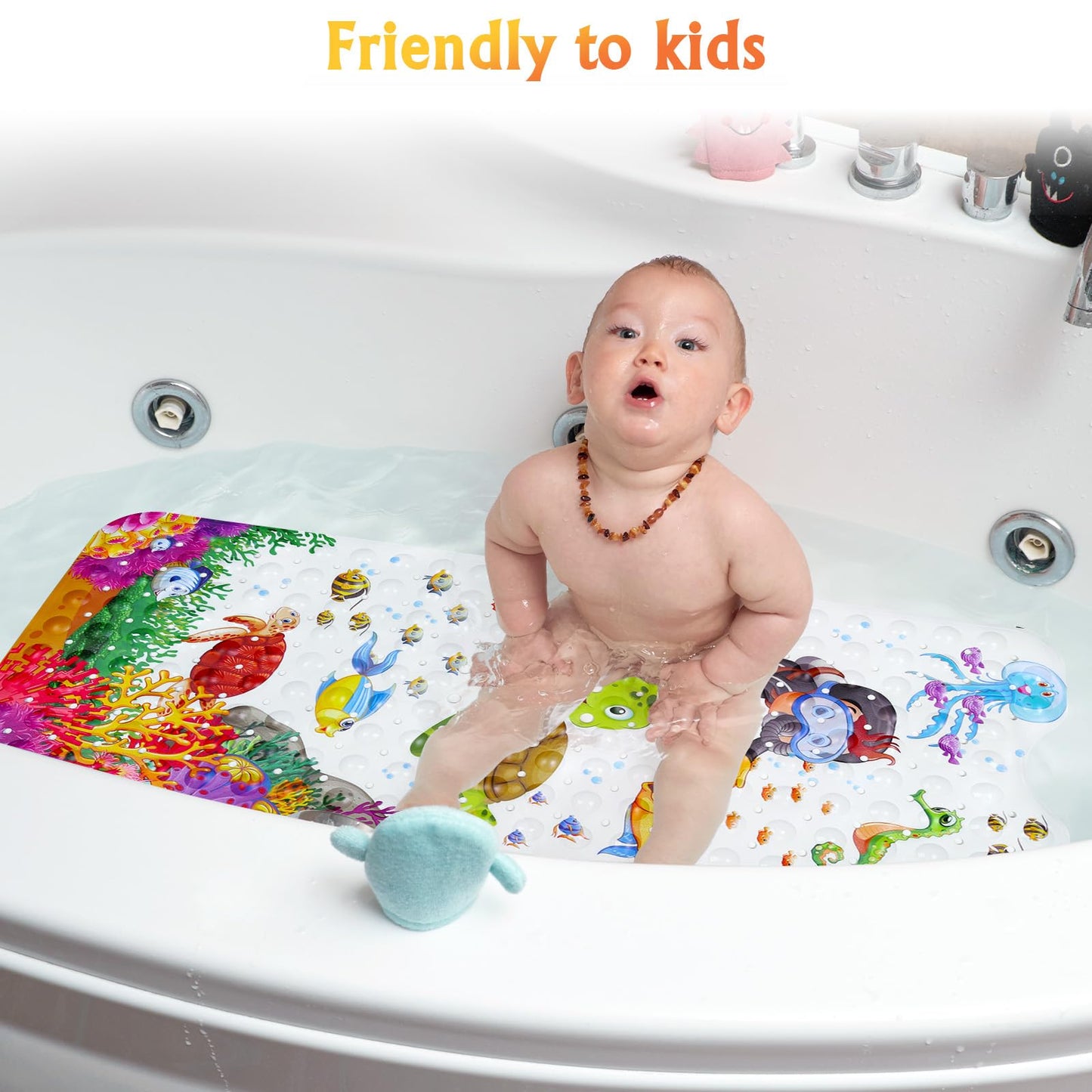 Bath Mat for Tub Non Slip, Machine Washable Anti Slip Cartoon Baby Bathtub Shower Mat with Drain Holes and Suction Cups for Toddler & Kids, 40 Inch x 16 Inch-Rectangular, Turtle