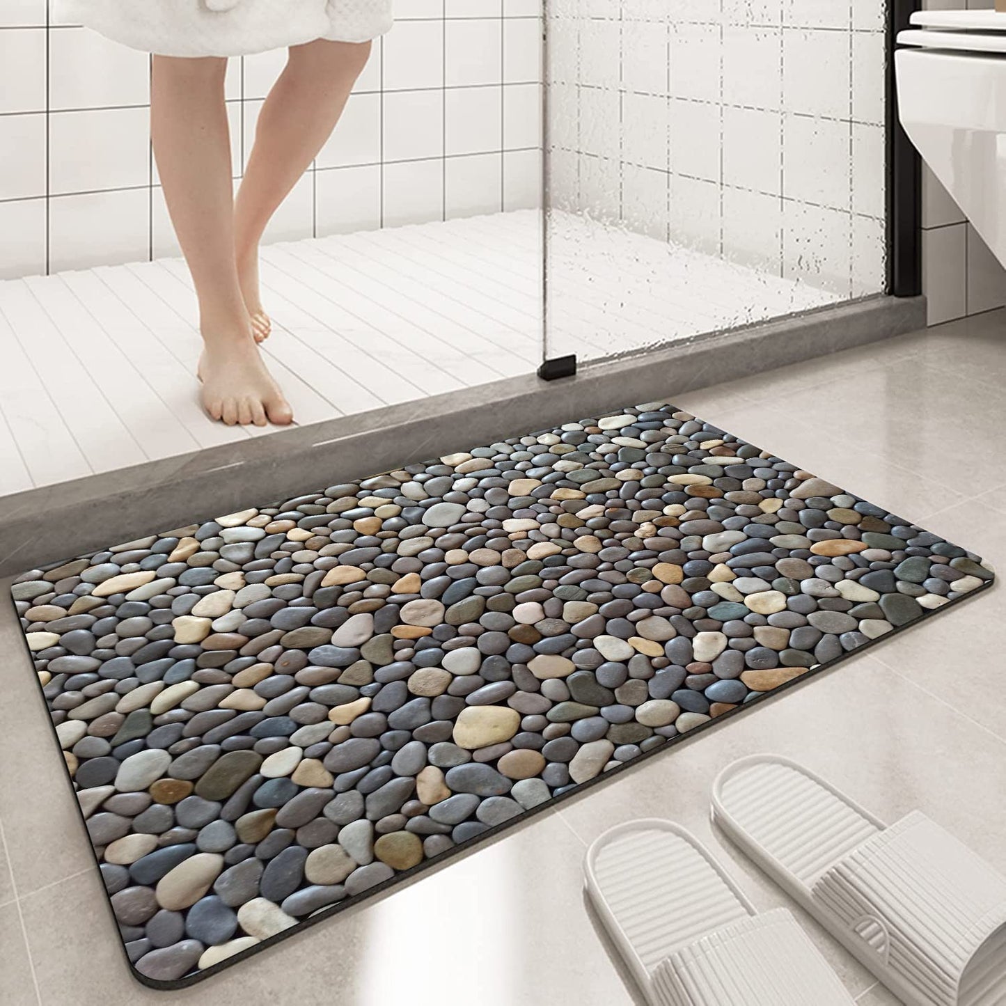 Rstick Pebble Stone Print Bathroom Rugs Non Slip Washable Cobblestone Pattern Bath Mat Small Rubber Backed Floor Mat 17"x24"