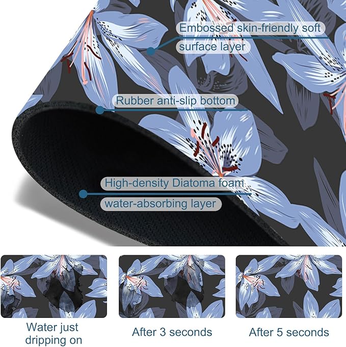 Blooming Lily Sink Faucet Absorbing Mat Blue Lily Flowers Super Absorbent Fast