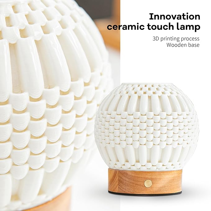 Touch Bedside Table Lamp - 3D Printed Modern Ceramic Lamp for Bedroom, Living Room, Nightstand, Desk, with Wooden Base, 3-Color Dimmable Modes, USB-C Powered (PSL25059)