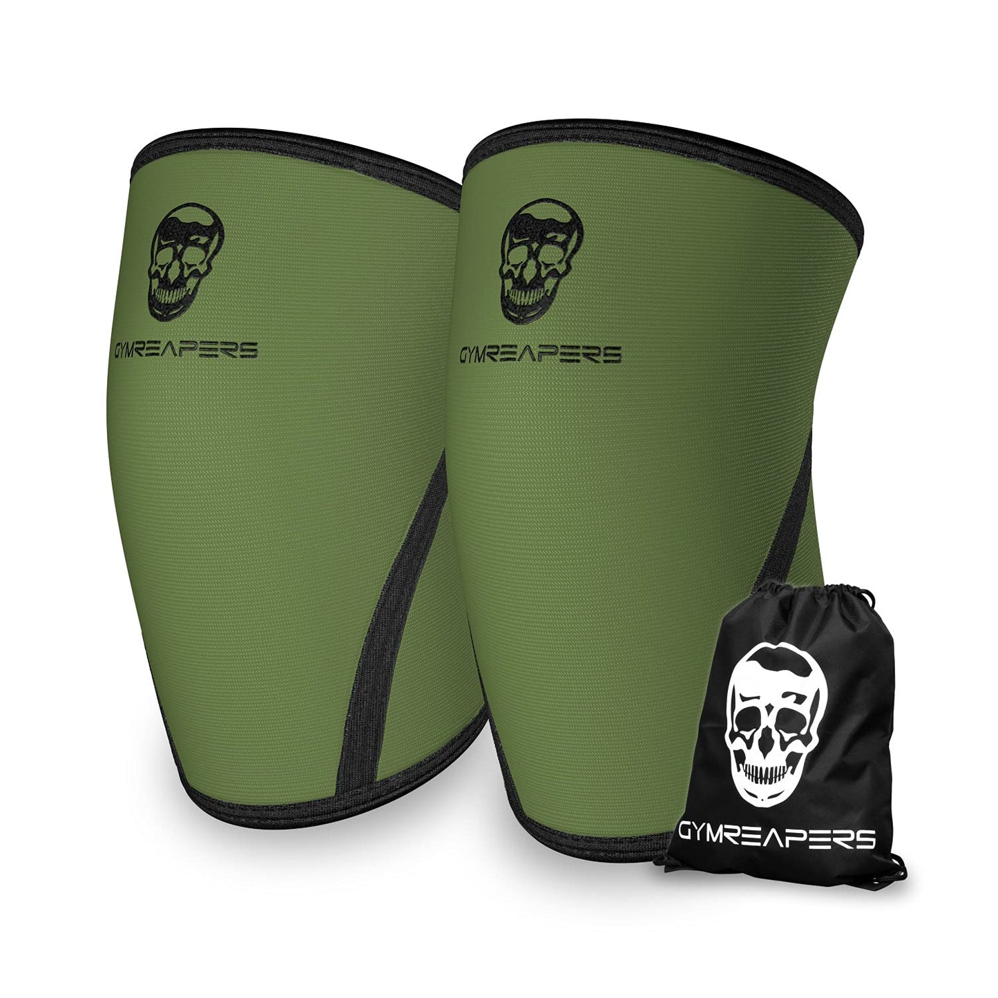 Gymreapers Knee Sleeves (Pair w/Bag) - Knee Compression Sleeve Support Squats, Weightlifting Powerlifting 7MM Neoprene Sleeves - 1 Year Warranty (Military Green/Black, Medium)