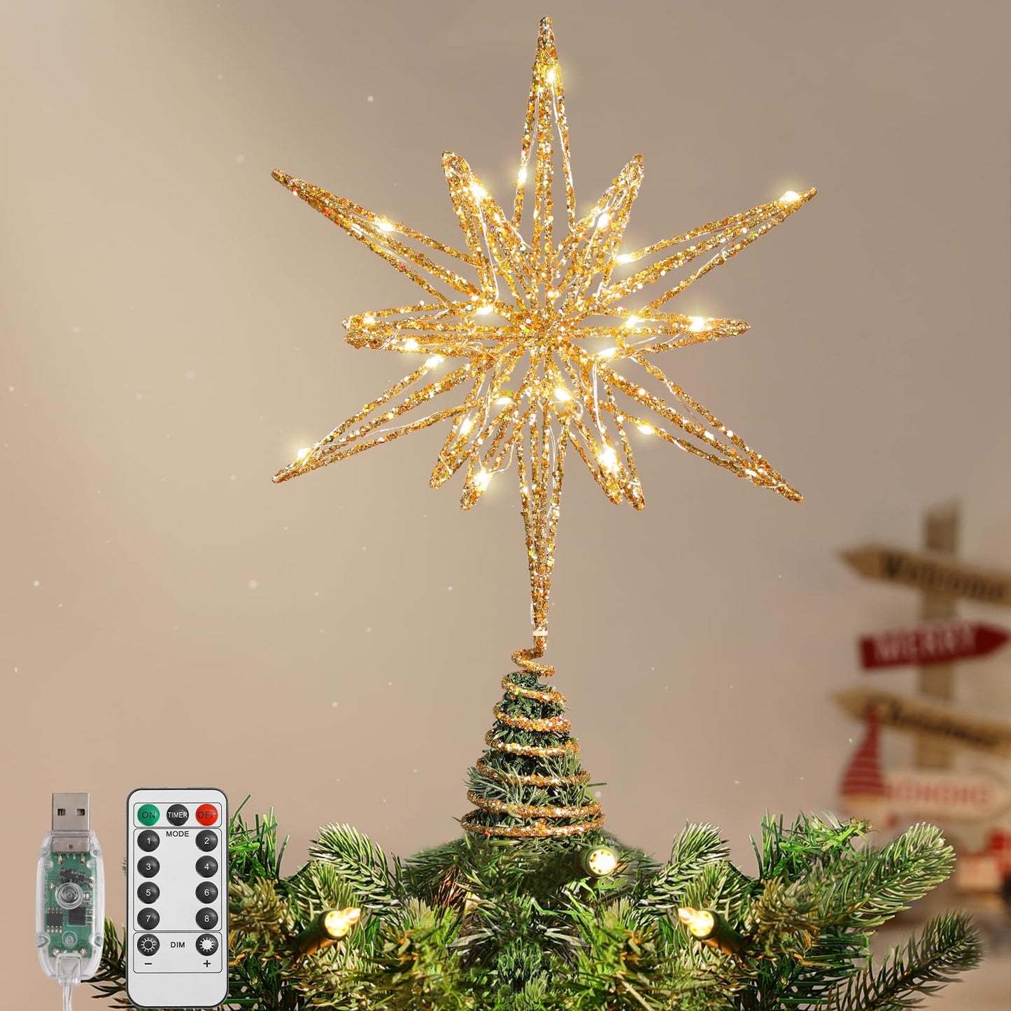Lewondr Christmas Tree Topper, 13.78'' Metal Xmas 3D Geometric Tree Topper with 30 LED Bulbs, USB Remote Control Lighted Multi-Pointed Star Treetop, 6H Timer, 8 Modes Christmas Decor for Home, Gold