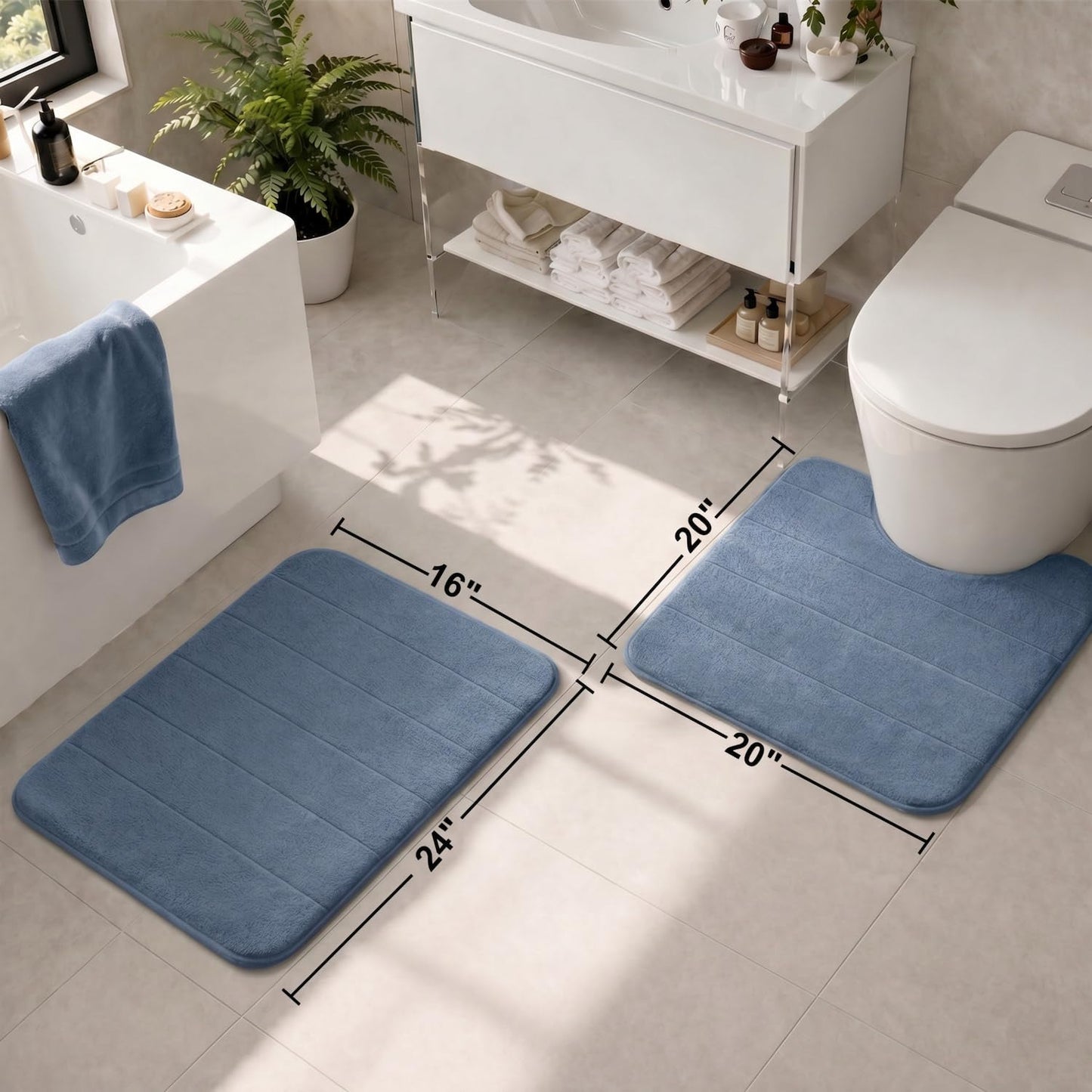 AINAHYVA 2 Piece Memory Foam Bath Mat Set, Extra Soft Absorbent Bathroom Rugs with U-Shaped Toilet Rug, Non-Slip Backing, Machine Washable, 24x16 + 20x20 U-Shaped, Dusty Blue