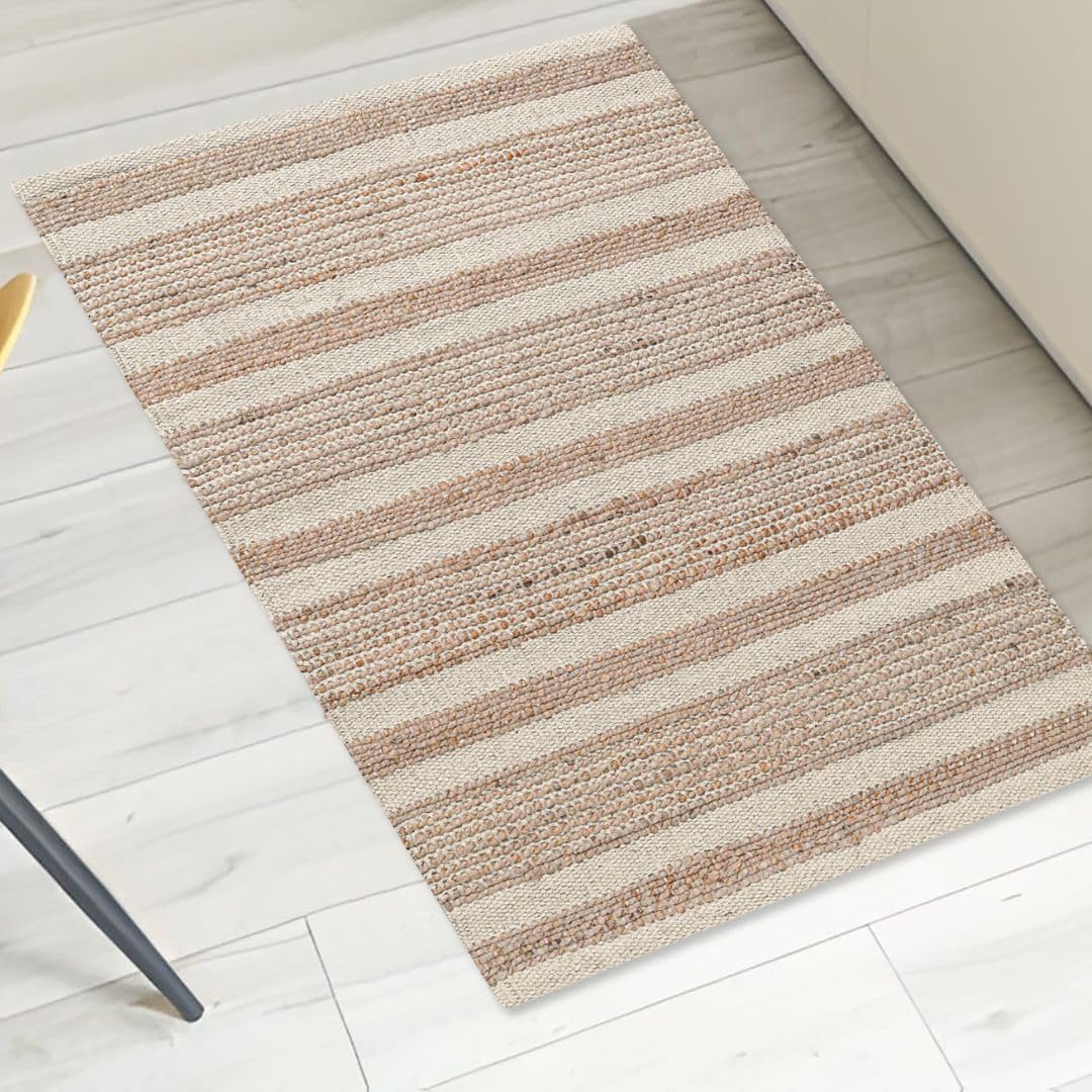 Threadvista Hand Woven Area Rug 2x3 Feet - Rustic Farmhouse Boho Accent Rug for Living Room Bedroom Kitchen Entryway Floor Mats Non Slip - Ideal for High Traffic Areas Jute Cotton Rug Natural