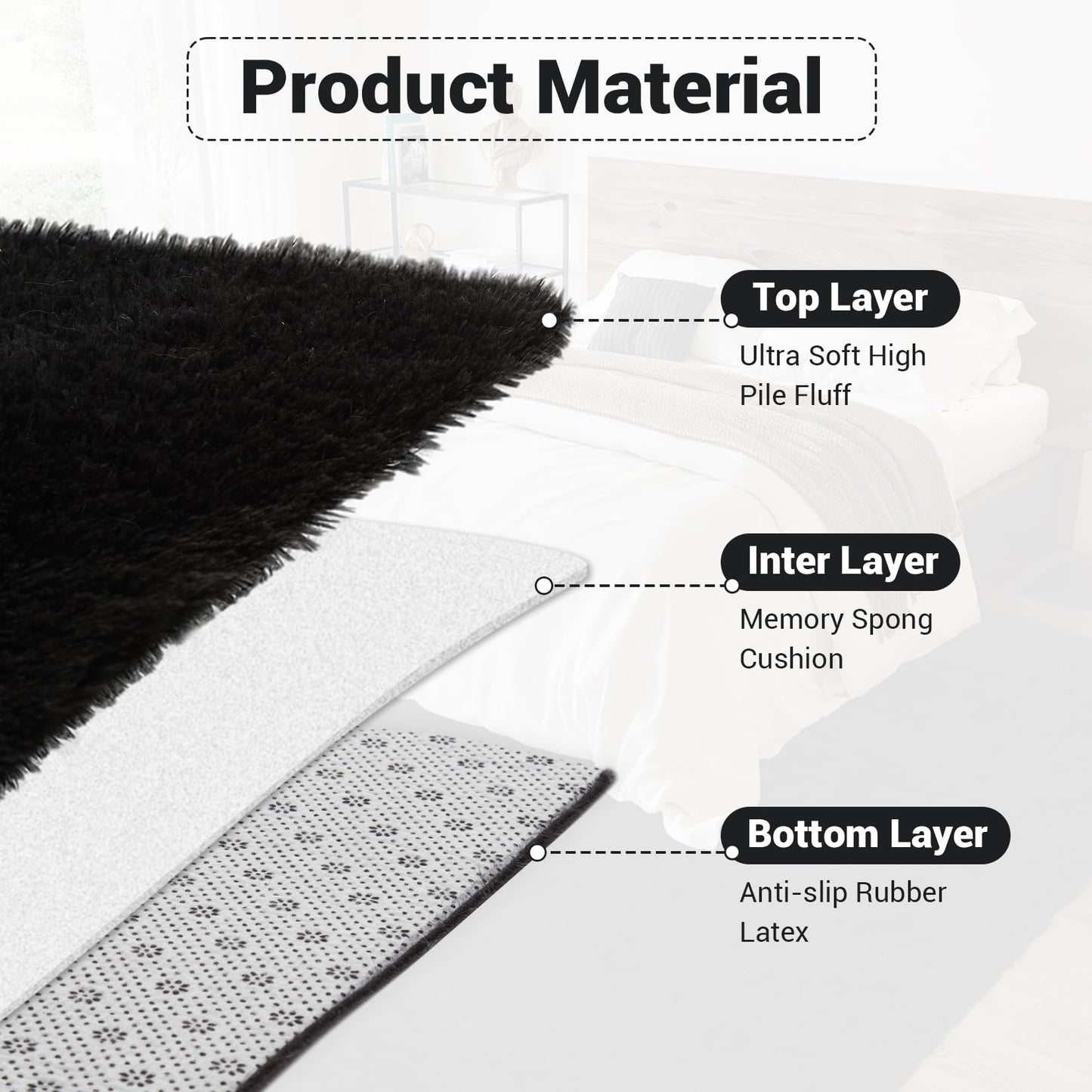 COZYLOOM Luxury Super Soft Fluffy Area Rug 4x6 Plush Fuzzy Rugs Ultra Soft Fluffy Furry Rugs Non Slip Non Shedding Area Rug Indoor Carpet for Nursery Kids Room Bedroom Home Decor,Black