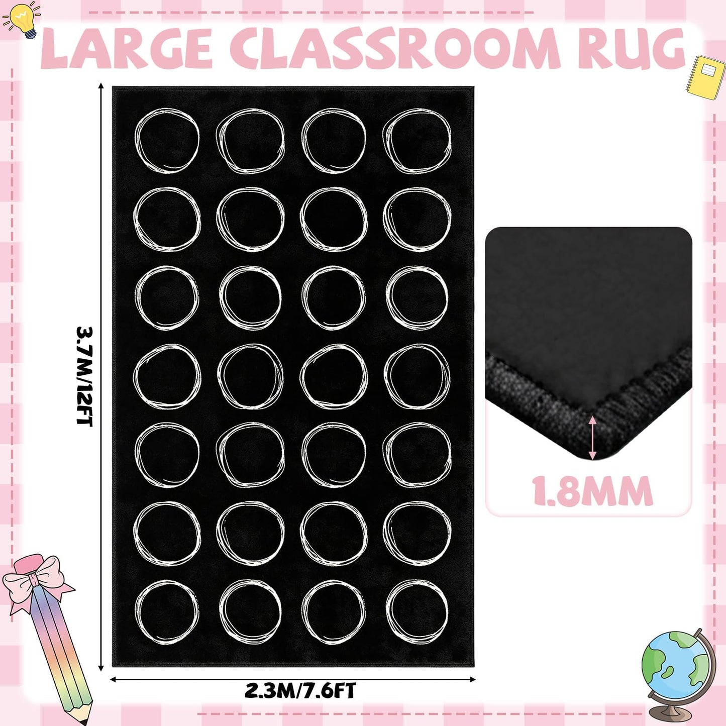 7.6x12 ft Large White Circles Abstract Classroom Rug Black and White Educational Area Mat Circle on Black Play Carpet Back to School Learning Mat for Preschool Playroom Nursery Kindergarten(Circles)