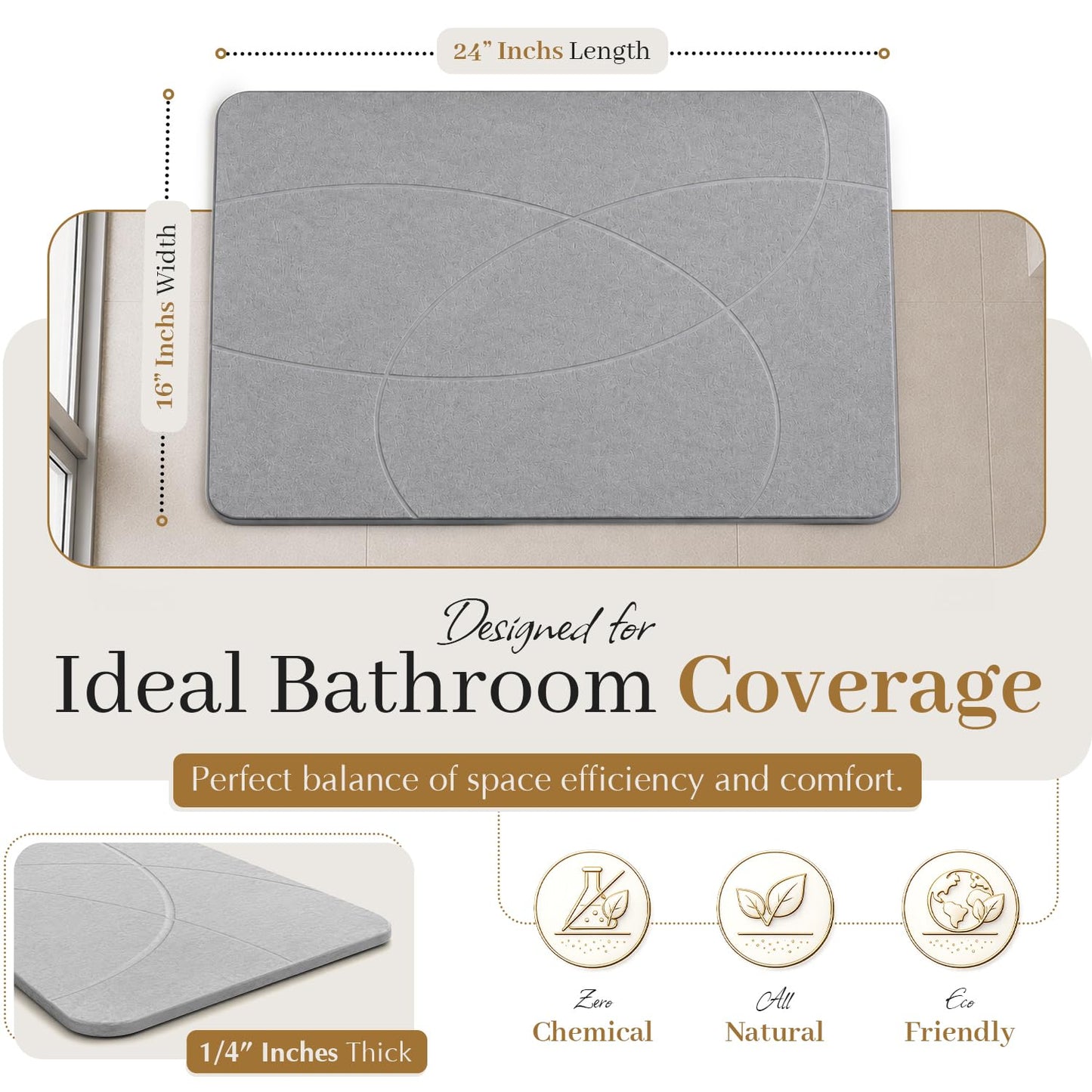 Super Absorbent Stone Bath Mat 24x16, Diatomaceous Earth Bath Mat with Non Slip Grip, Water Absorbing Stone Surface for Shower, Tub, Sink & Vanity, Gray