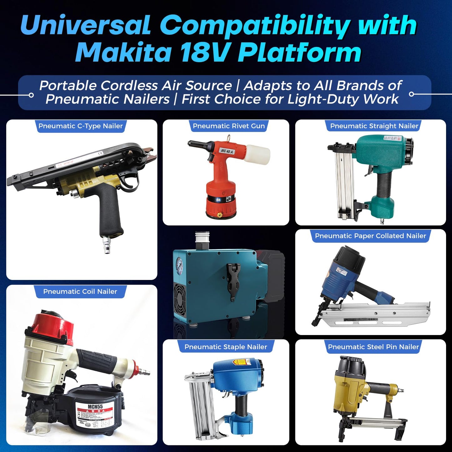 Cordless Air Compressor for Ma-kita 18V Battery (No Battery), Max 175 PSI Portable Air Compressor without Air Tank, Oil-Free and Ultra Quiet, for Small Pneumatic Nail Gun