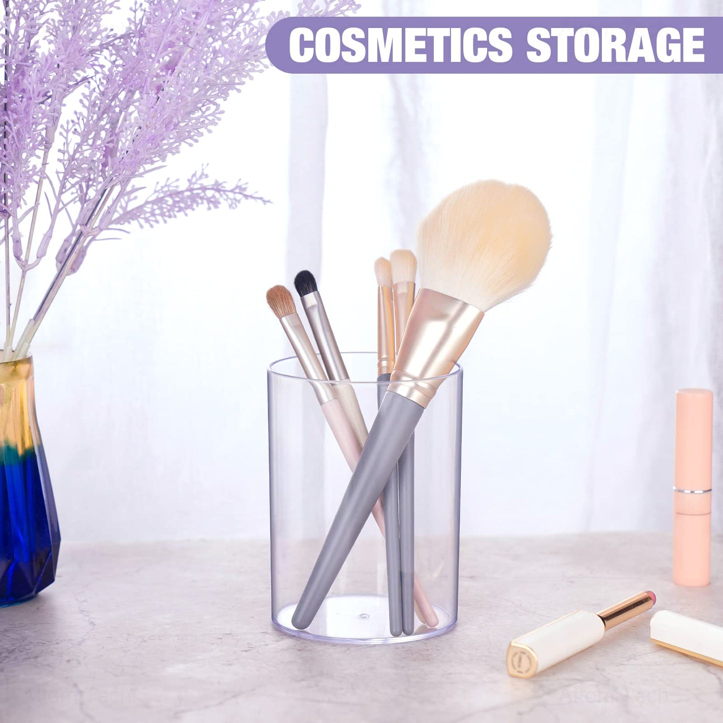 NiOffice Stylish Clear Acrylic Desk Organizer Pen and Pencil Holders Set of 3, Round Makeup Brush Storage Perfect for Home, School and Office Supplies
