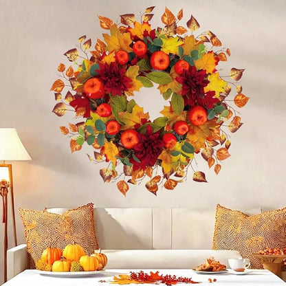 22 Inch Fall Wreath for Front Door, Thanksgiving Artificial Autumn Apple Wreath with Maple Leaves Dahlia Hydrangea for Farmhouse Home Window Wall Office Wedding Indoor Outdoor Decorations