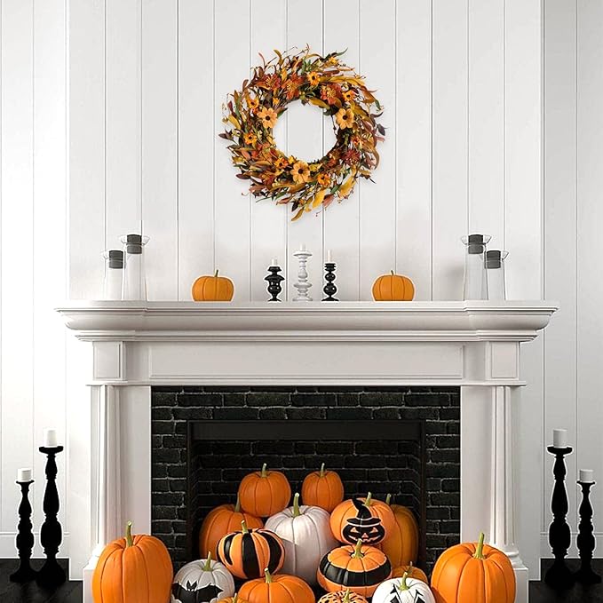 Fall Front Door Wreath,18” Artificial Floral Wreaths with Colorful Daisies and Fall Orange Wreath for Front Door Wall Window and Thanksgiving Decor