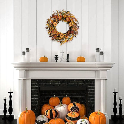 Fall Front Door Wreath,18” Artificial Floral Wreaths with Colorful Daisies and Fall Orange Wreath for Front Door Wall Window and Thanksgiving Decor
