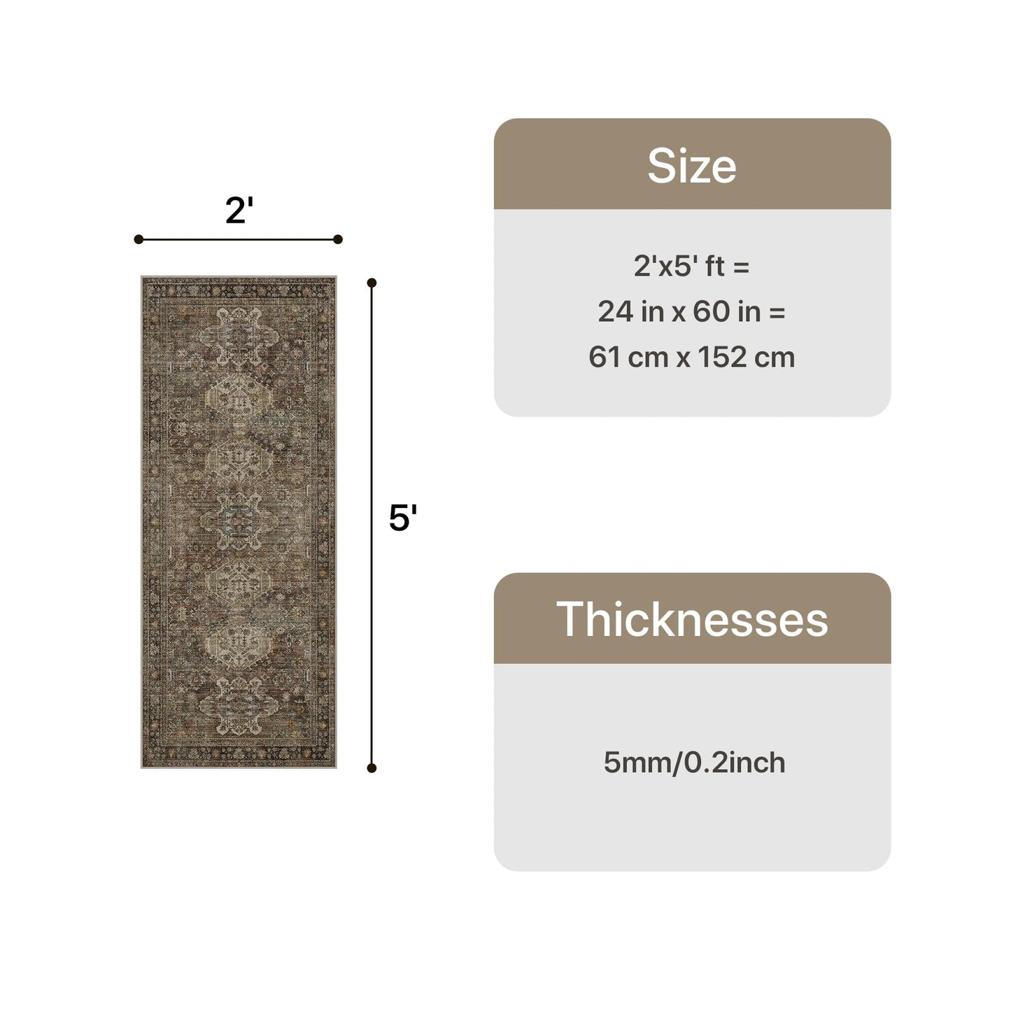 Bavni 2x5 Runner Rug, Non Slip Washable Runner Rug, Vintage Brown Hallway Rug Runner, Ultra Thin Low Pile Carpet Runner for Kitchen Bathroom Entryway Bedroom, Brown