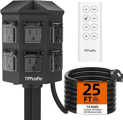 TiFFCOFiO Outdoor Power Strip with 25FT Extension Cord, Remote Control Dusk to Dawn Light Timer Waterproof, 6 Grounded Outlets for Halloween Inflatables and Decorations, ETL Listed