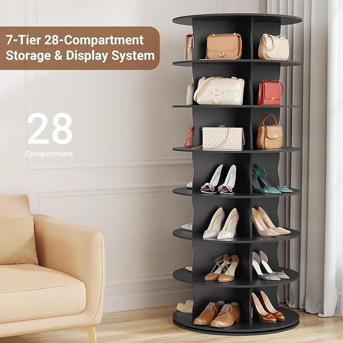 7-Tier Rotating Standing Shelf Unit with Dividers, 360° Storage Display Tower Vertical Floor Organizer, for Bedroom, Closet, Entryway & Office, Ideal for Shoes, Cosmetics & Handbags, Black