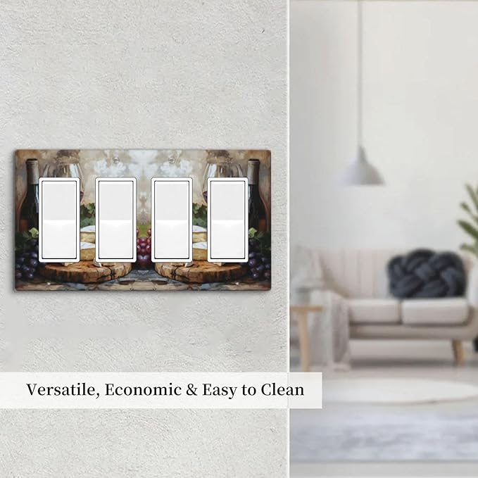 Decorative Art Light Switch Covers Wineglass & Artisanal Cheeses 4 Gang Rocker Decora Outlet Covers Electrical Faceplate GFCI Wall Plate for Home Decor